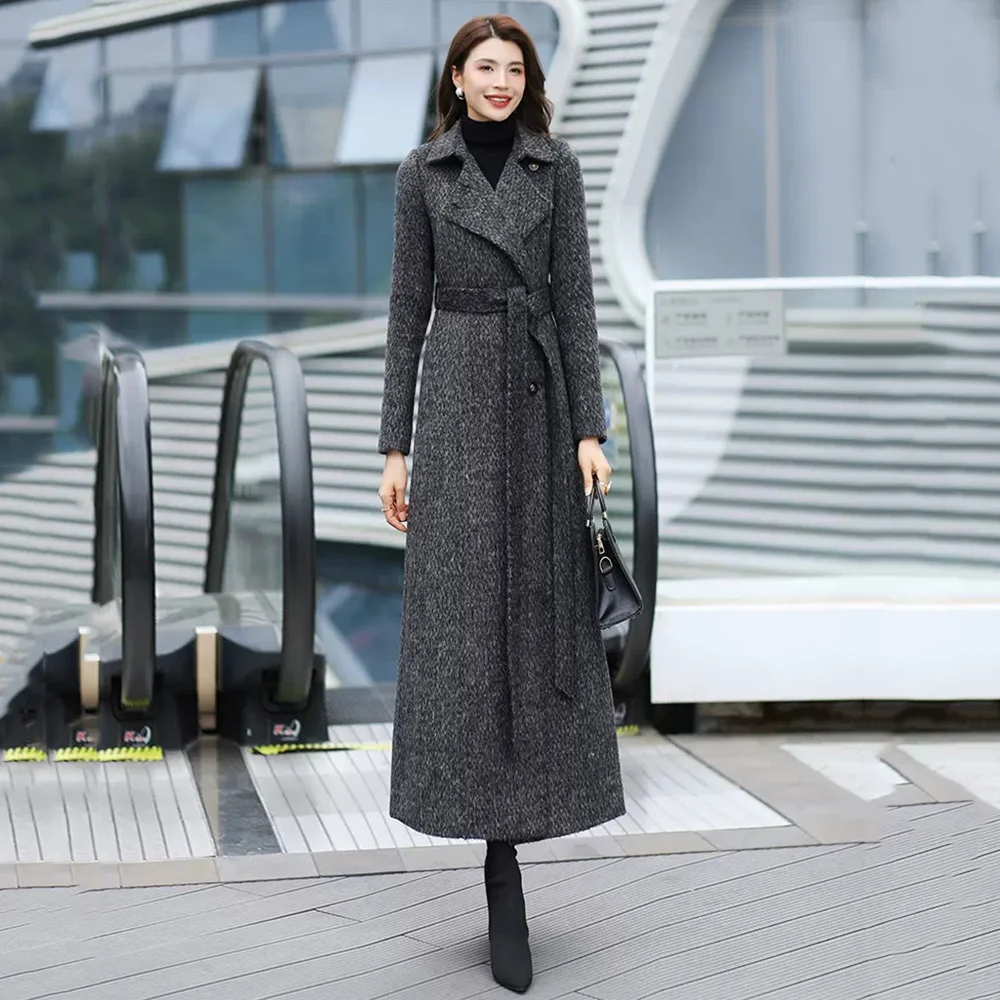 New Women Autumn Winter Elegant Gray Woolen Coat Fashion Casual Turn-down Collar Double Breasted Slim Wool Blended Overcoat