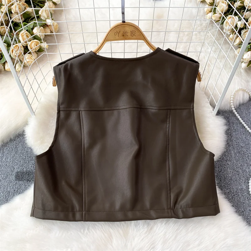 Autumn Vintage Fashion Slim Short Faux PU Leather Vest Women Lapel Zipper Sleeveless Fake Leather Waistcoat Female Biker Jacket