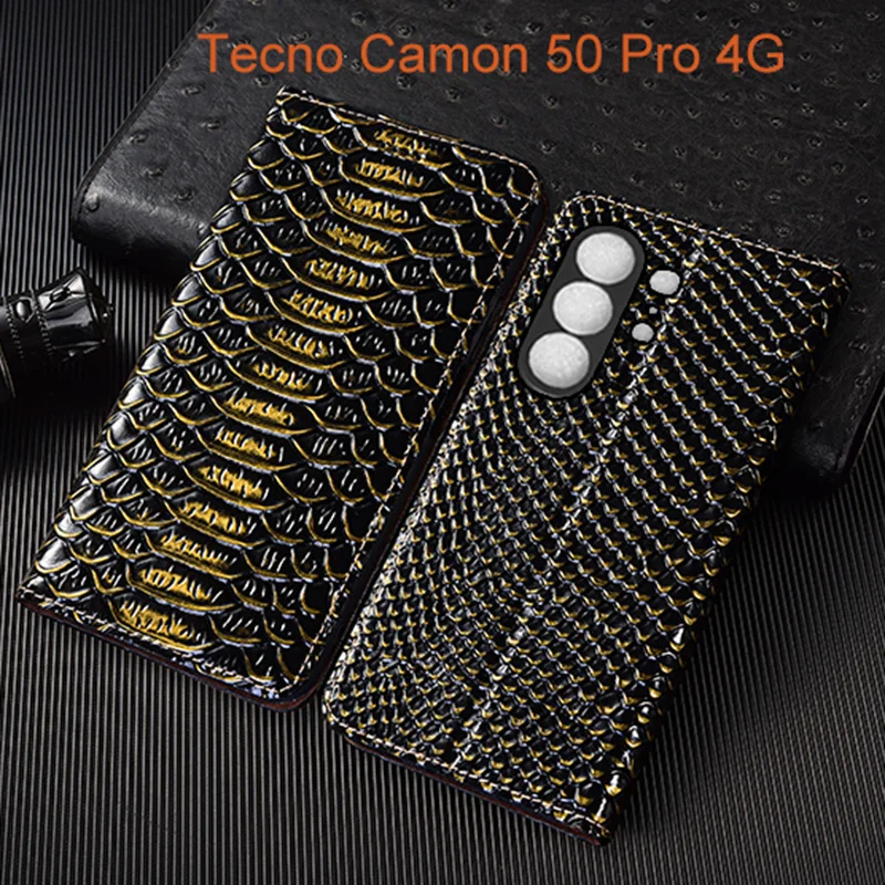 

Genuine Leather Flip Case For Tecno Camon 50 Pro 4G 5G Phone Cover Card Cases Dragon Scale Handmade
