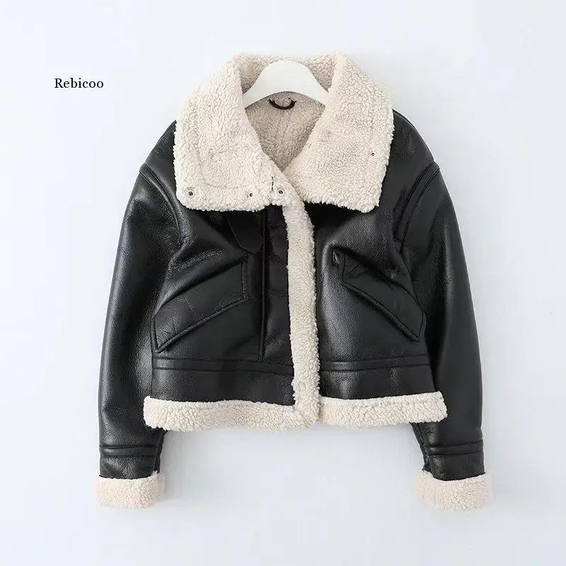 Women Fashion Thick Warm Faux Leather Shearling Jacket Coat Vintage Long Sleeve Flap Pocket Female Outerwear Chic Tops