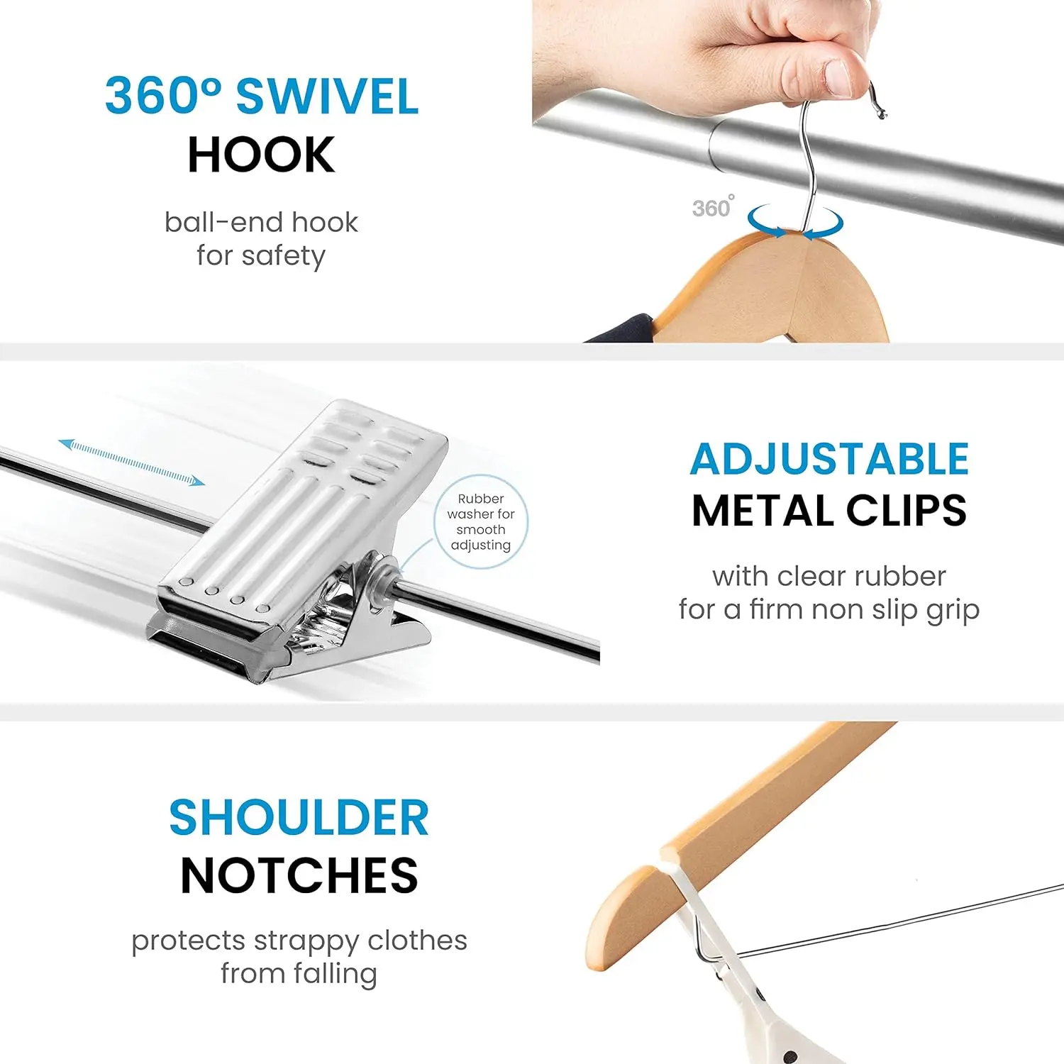 5 Pack High-Grade Wooden Suit Hangers with Adjustable Metal Clips 360° Swivel Hook Shoulder Notches for Dress Coat Blouse Jacket image 5