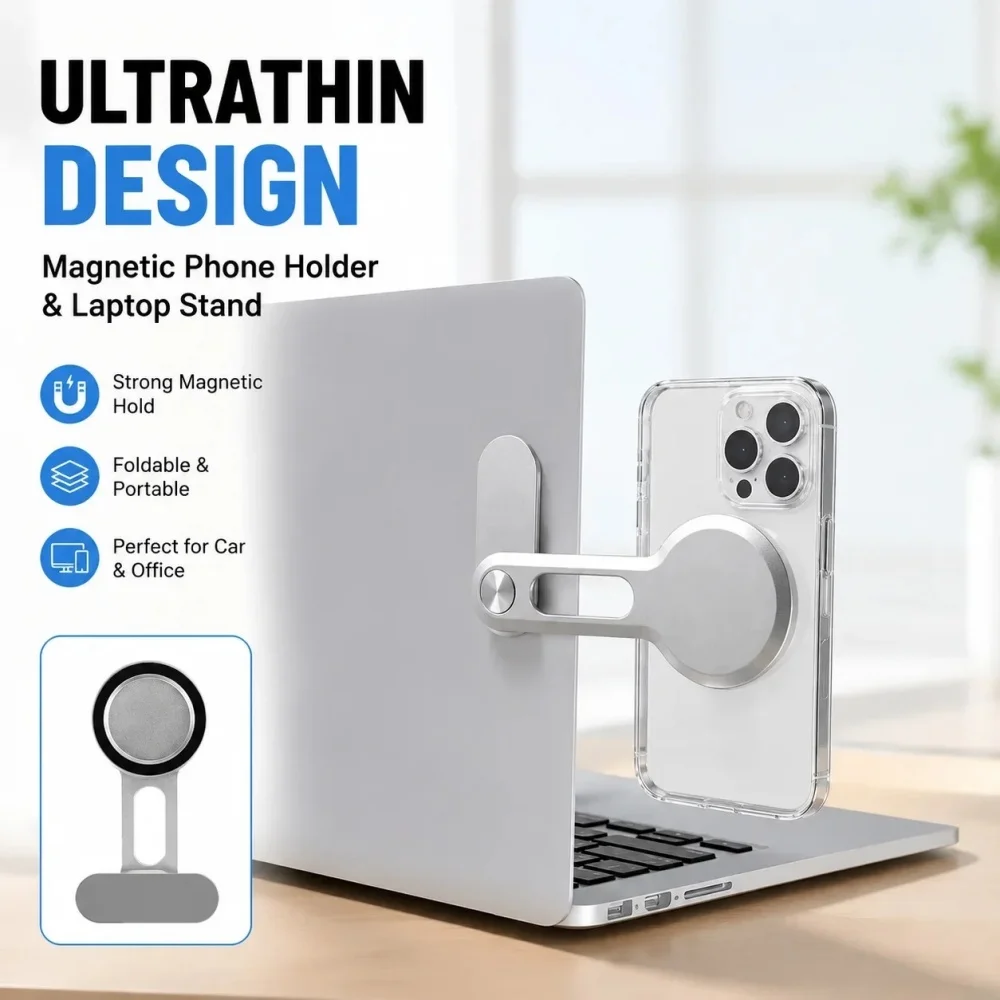 Magnetic Laptop Phone Holder Monitor Side Cell Phone Foldable Display Stand 180 Rotatable for iPhone Xiaomi Samsung
