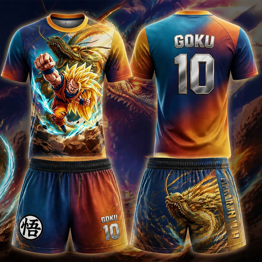 Neues Dragon Ball Son Goku Boxset MMA Achteckiger Käfig Atmungsaktives Schnelltrocknendes Trainings-T-Shirt Shorts Set Herren Übergroßes T-Shirt Set