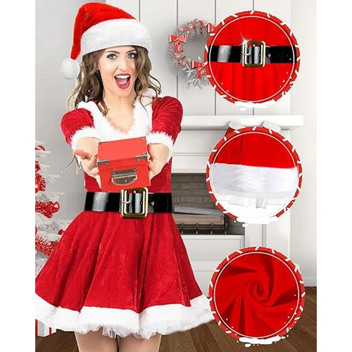 Imagen 2 del producto Conjunto de disfraz navideño para mujer, traje de Papá Noel, vestido de terciopelo con calcetines hasta el muslo a rayas y gorro de elfo