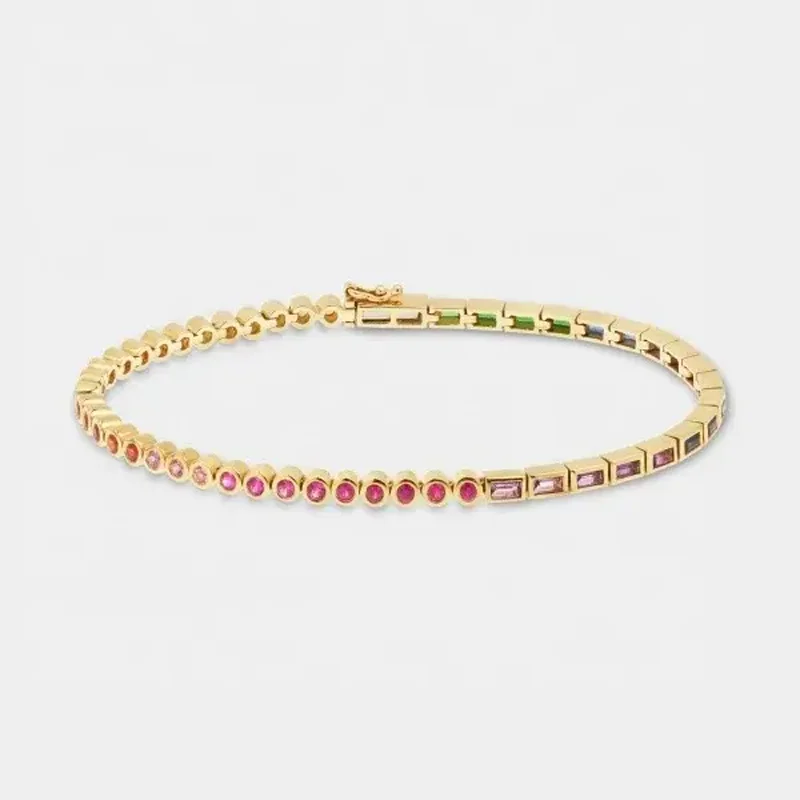 Bling Bezel White Colorful Rainbow Half Round Half Rectangle Cubic Zirconia Tennis Bracelet For Women Girl Fashion Jewelry