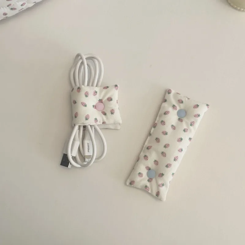 Cute Cream Strawberry Pattern Cable Manager Portable Cord Organizer for Data Line Wired Headphone Desktop Shooting Prop
