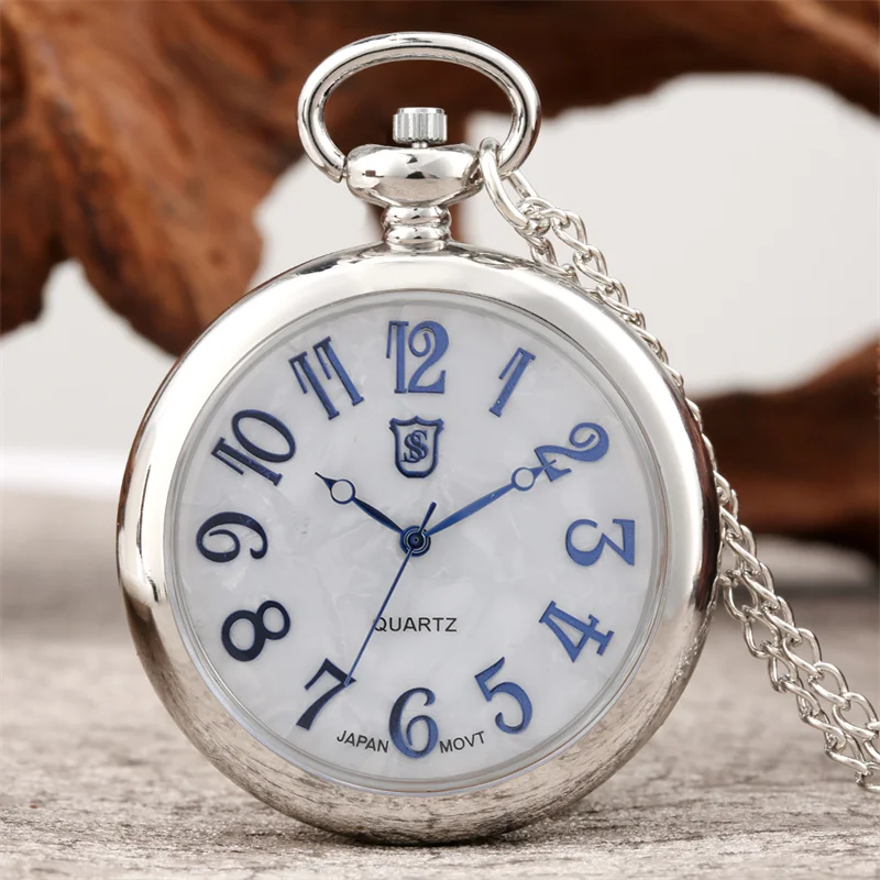 

Creative Pocket Watch Blue Arabic Numerals Display Open Face Flower Quartz Timepiece for Men Women Necklace Chain Included