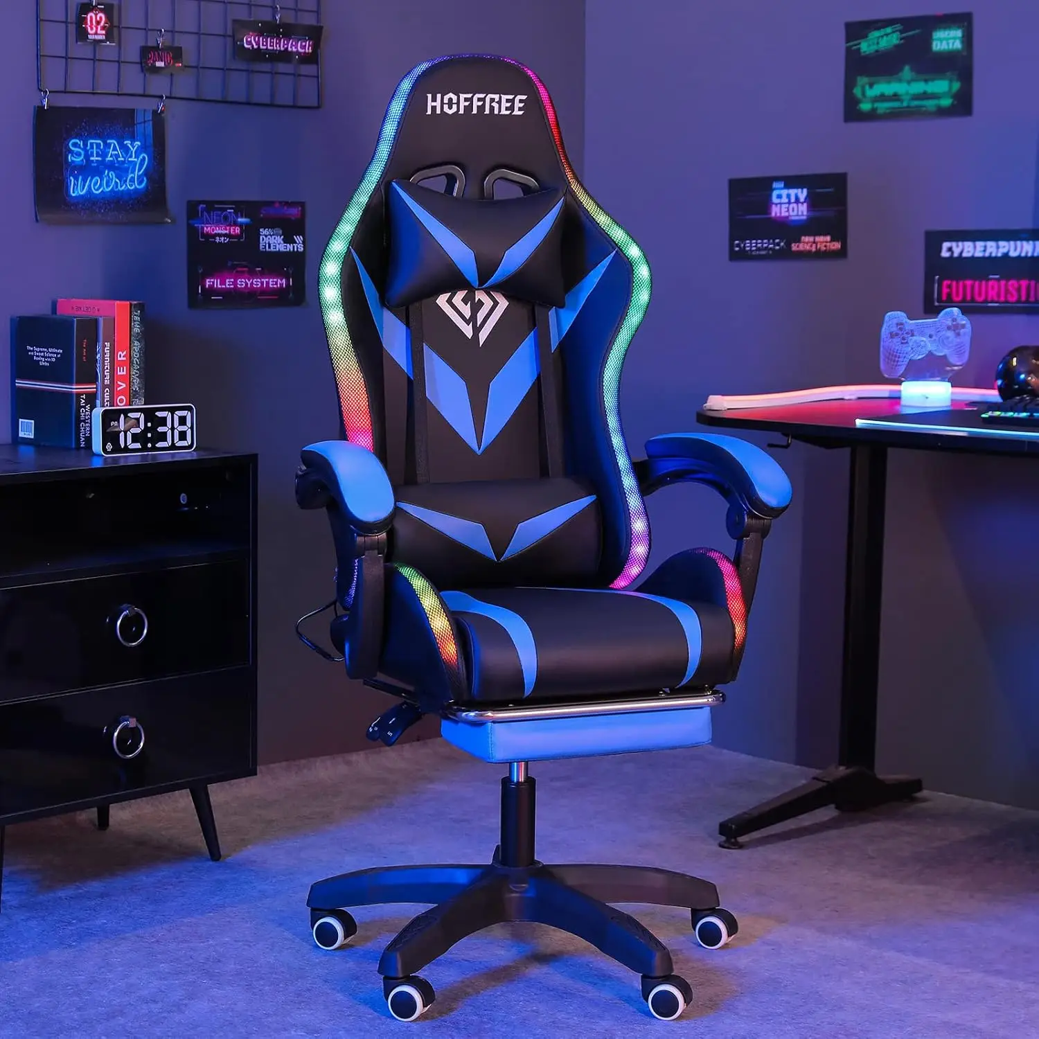 

Gaming Chair with Massage and LED Lights Ergonomic Video Game Chairs with Footrest High Back Reclining Computer Chair with Adjus