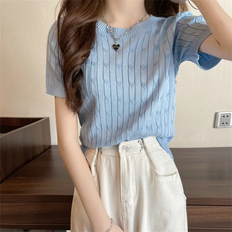 Damen Sommer Vintage Rundhals Kurzarm Strick-T-Shirt Mädchen Damen Slim Fit Top Damen Casual Sport Layering Basic-Shirt – Detail 21