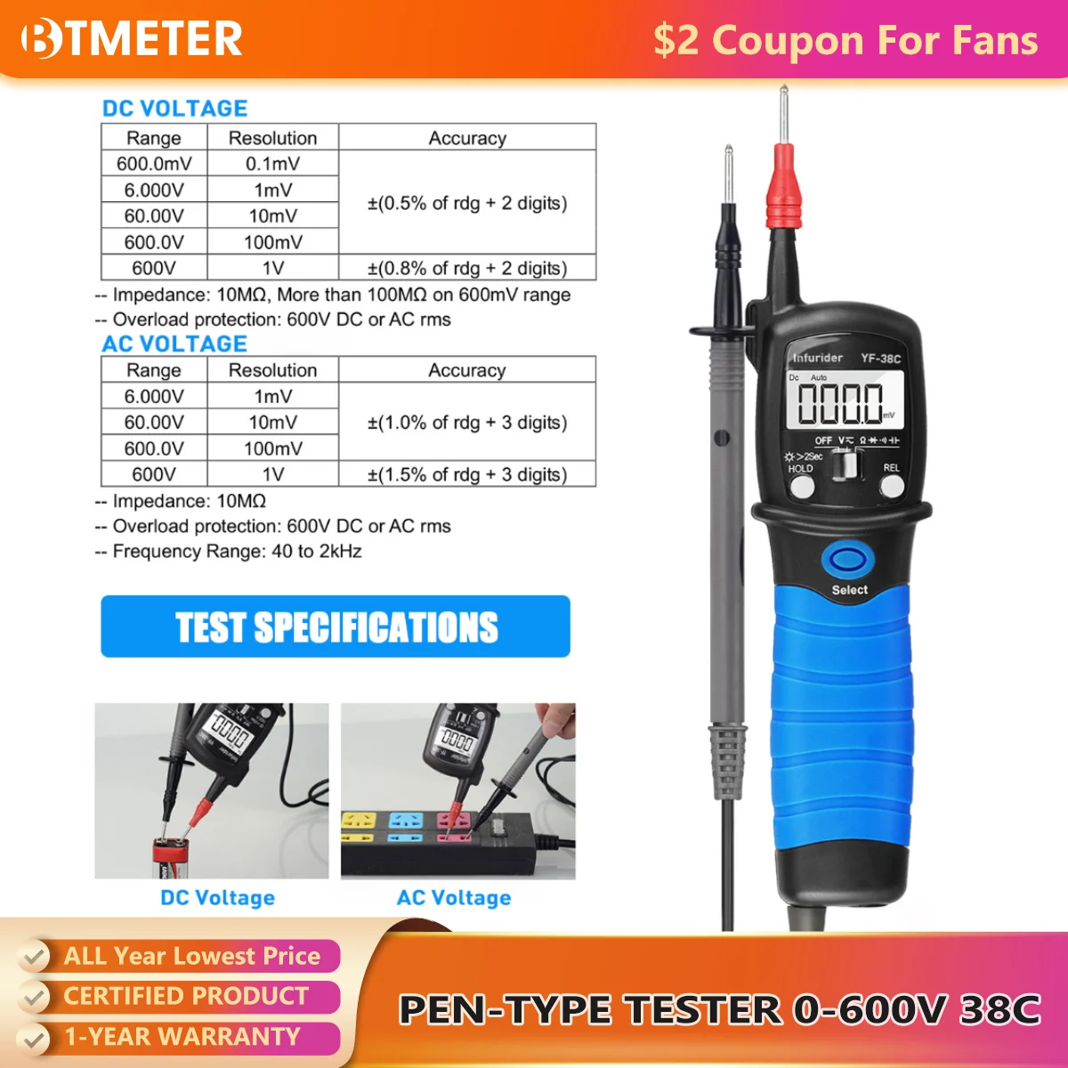 BTMETER BT-38C AC DC 600V High Voltage Tester, 60M Ohm Resistance Meter, with Capacitance Diode Test