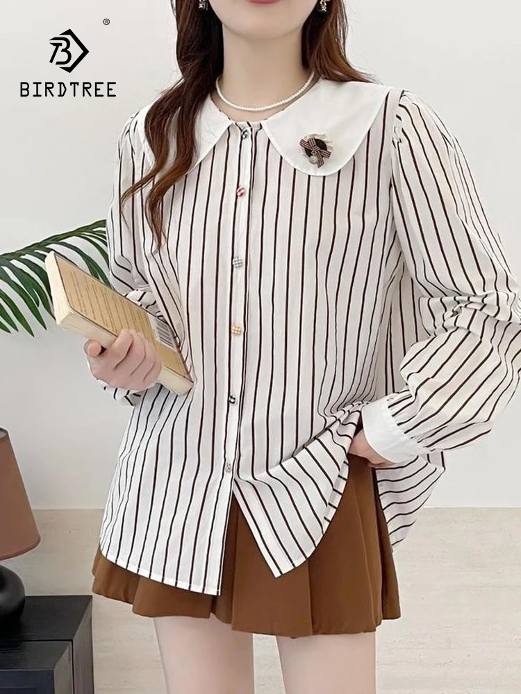 

New 2025 Winter Cotton Long Sleeve Shirt, Women Peter Pan Collar Striped, Mori Girl Age Reduction Design Loose Blouse T5N787CC