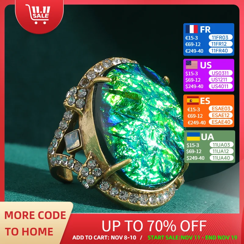 

Vintage Green Opal Ring Adjustable Luxury Dubai Jewelry Designer Women Statement Natural Stone Rhinestone Antique Gold Color