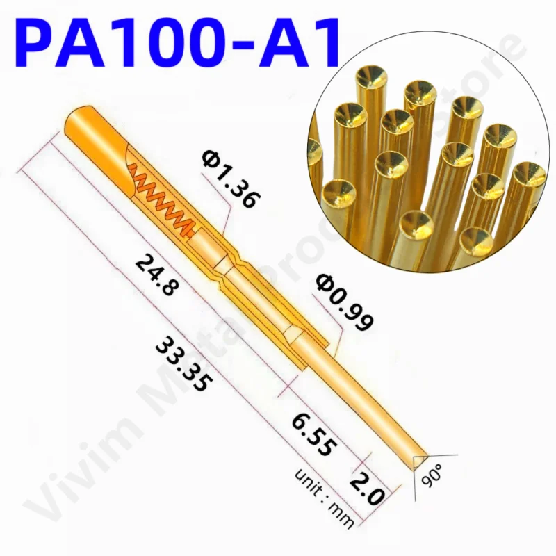 20/100PCS PA100-A1 Spring Test Probe PA100-A Test Pin Test Tool 33.35mm Dia1.36mm Gold Needle Tip 0.99mm Pogo Pin P100-A P100-A1