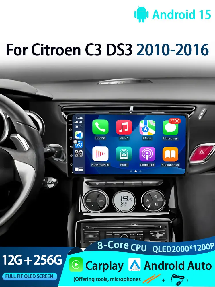 Android 15 Autoradio Voor Citroen C3 DS3 2010-2016 5G WIFI Head Unit Navigatie Autoradio DSP BT Draadloze Carplay Auto 4G - afbeelding 2