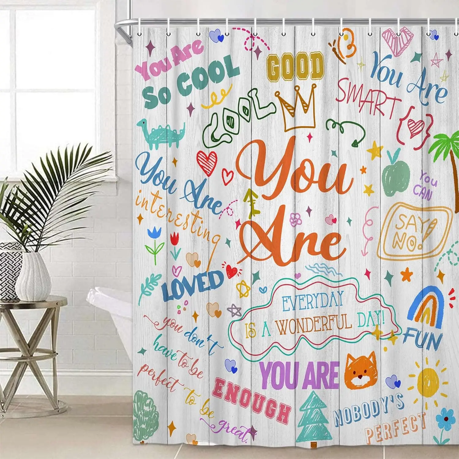 Kids Nspirational Quotes Shower Curtain, Funny Colorful Wood Planks Words Shower Curtain Set for College Dorm Bathroom,