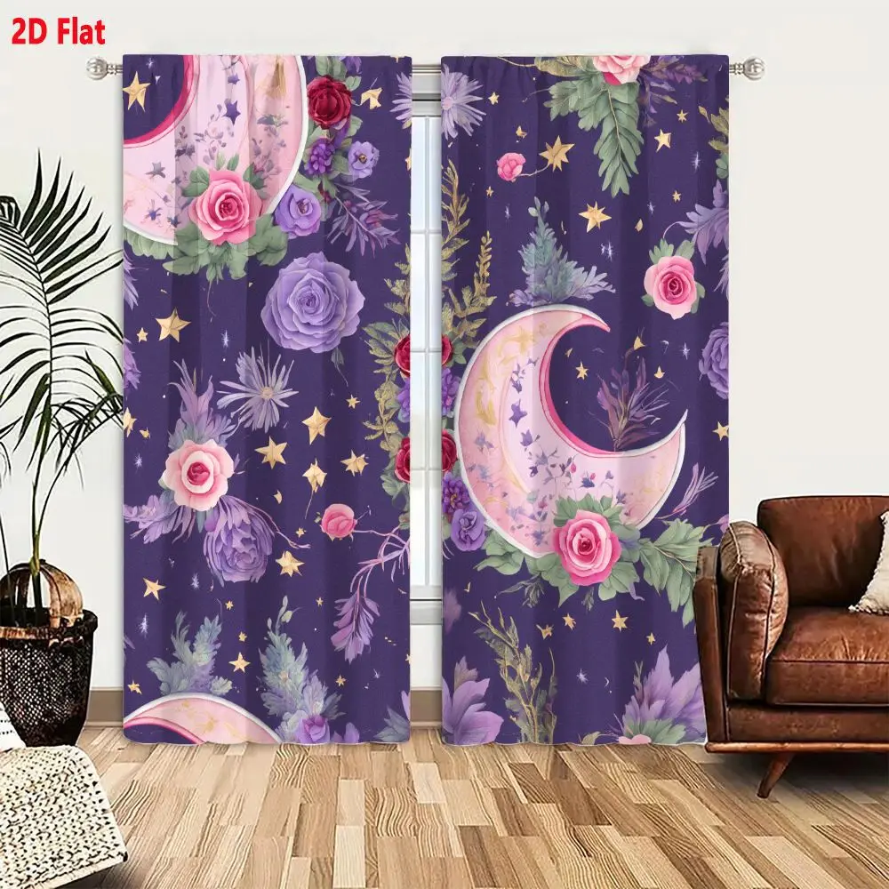 2Pcs Curtains 2D Flat Seamless Decorative Pattern With Pink Crescent Moons Light Purple Stars Flowers Green Leaves And Golden St