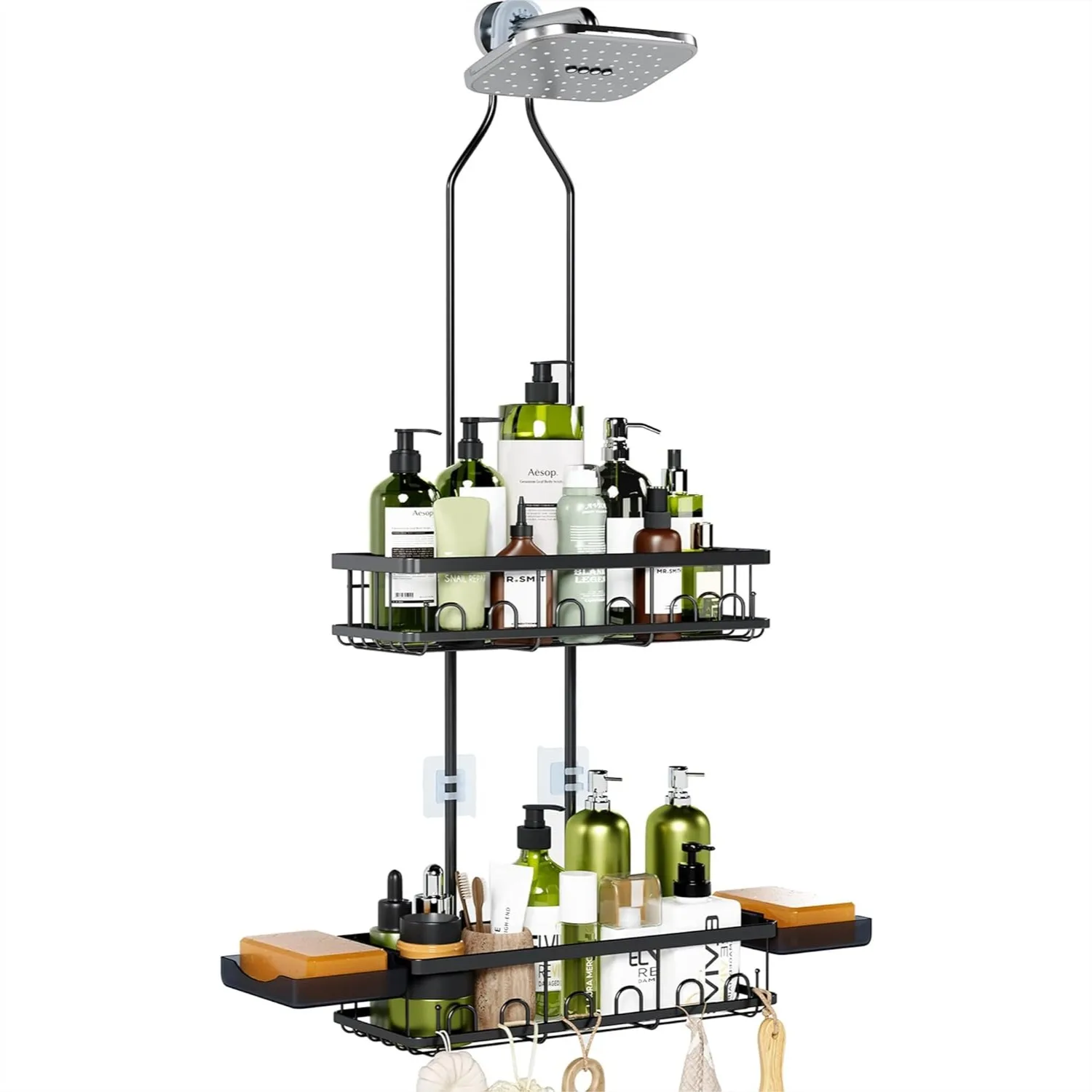 

Adjustable Shower Caddy Hanging Over Showerhead - Rustproof Stainless Steel Shelves with Hooks & Soap Holders