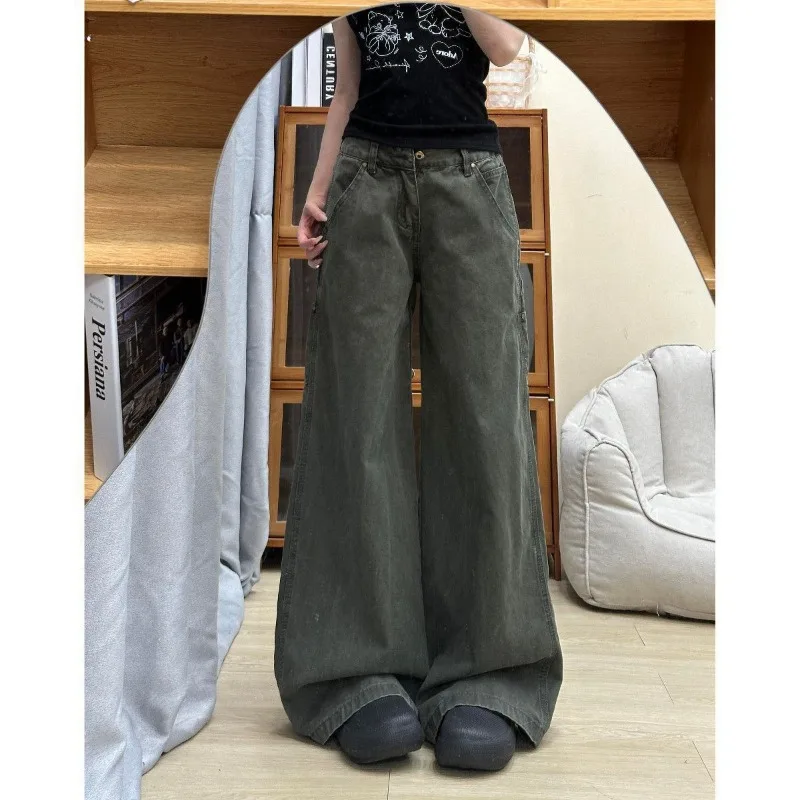 

Womens American Retro Cargo Jeans High Waist Loose Wide Leg Straight Leg Floor Length Pants