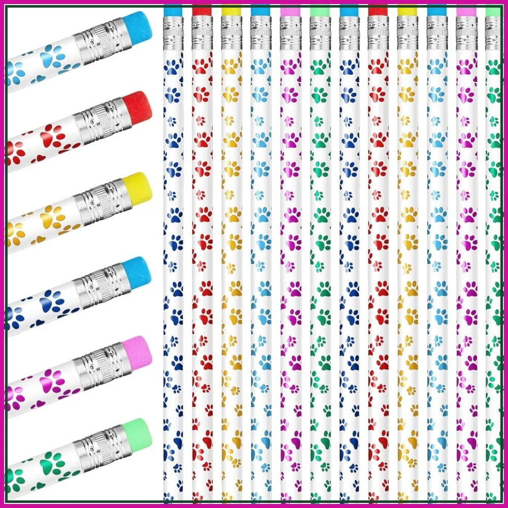 36 Pcs Dog Paw Print Pencils, 6 Colors, Cute Wooden Pencils with Erasers for Kids, Party Favors, School Supplies