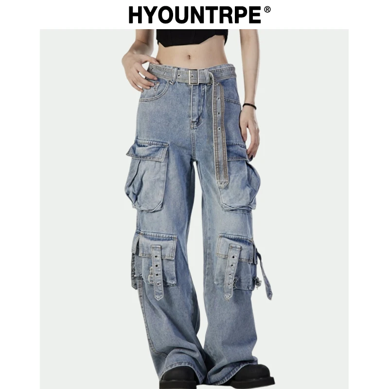 Fashion Loose Streetwear Cargo Denim Jeans Unisex Casual Multi-pocket Straight Jean Pants with Belt Hip Hop Joggers Baggy Jeans