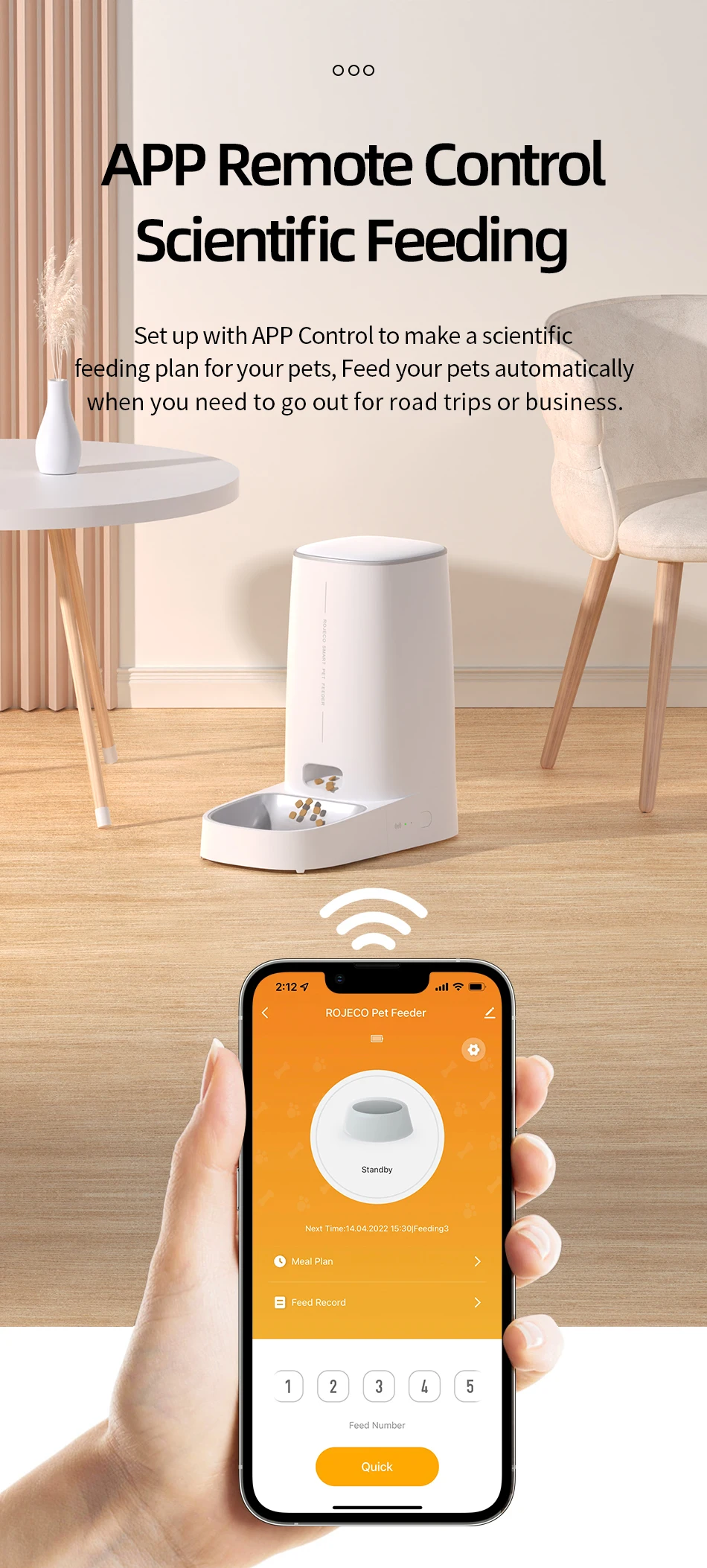 ROJECO Automatischer Katzenfutterspender für Haustiere, Smart WiFi, Katzenfutter, Kibble-Spender, Fernbedienung, automatischer Futterspender für Katzen und Hunde, Trockenfutter-Zubehör – Detail 3