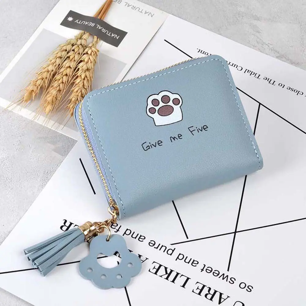 Elegant Mini Coin Purse Sweet Multifunctional Cat Claw Letter Tassel Purse Wallets For Women Casual PU Leather Zipper Money Bag