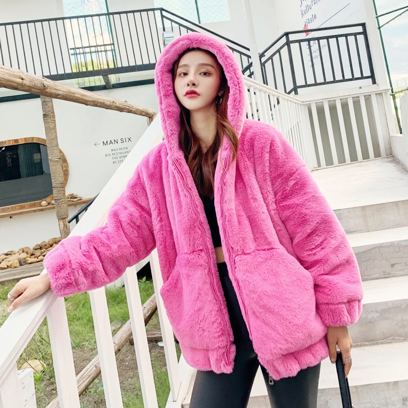 Autumn/Winter Women's Sweater Coat Loose Hooded Plush Fashion Thickened Warm Fur Otter Rabbit Hair Medium Length 2024