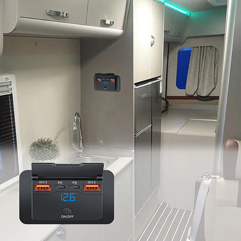 NEW 12V RV USB Outlet Panel 108W Dual QC3.0 Fast Charge Socket With Switch & LED Voltmeter For Boat ATV Motorcycle