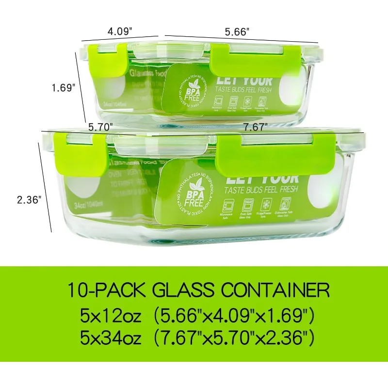 Glass Containers for Food Storage with Lids, [10-Pack] Meal Prep Containers for Kitchen, Home Use, BPA Free