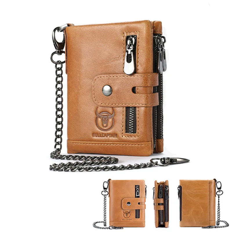 Retro Genuine Leather Wallet Men Business Double Zipper Multi-Function RFID Anti-theft Iron Chain Card Bag With Coin Wallet