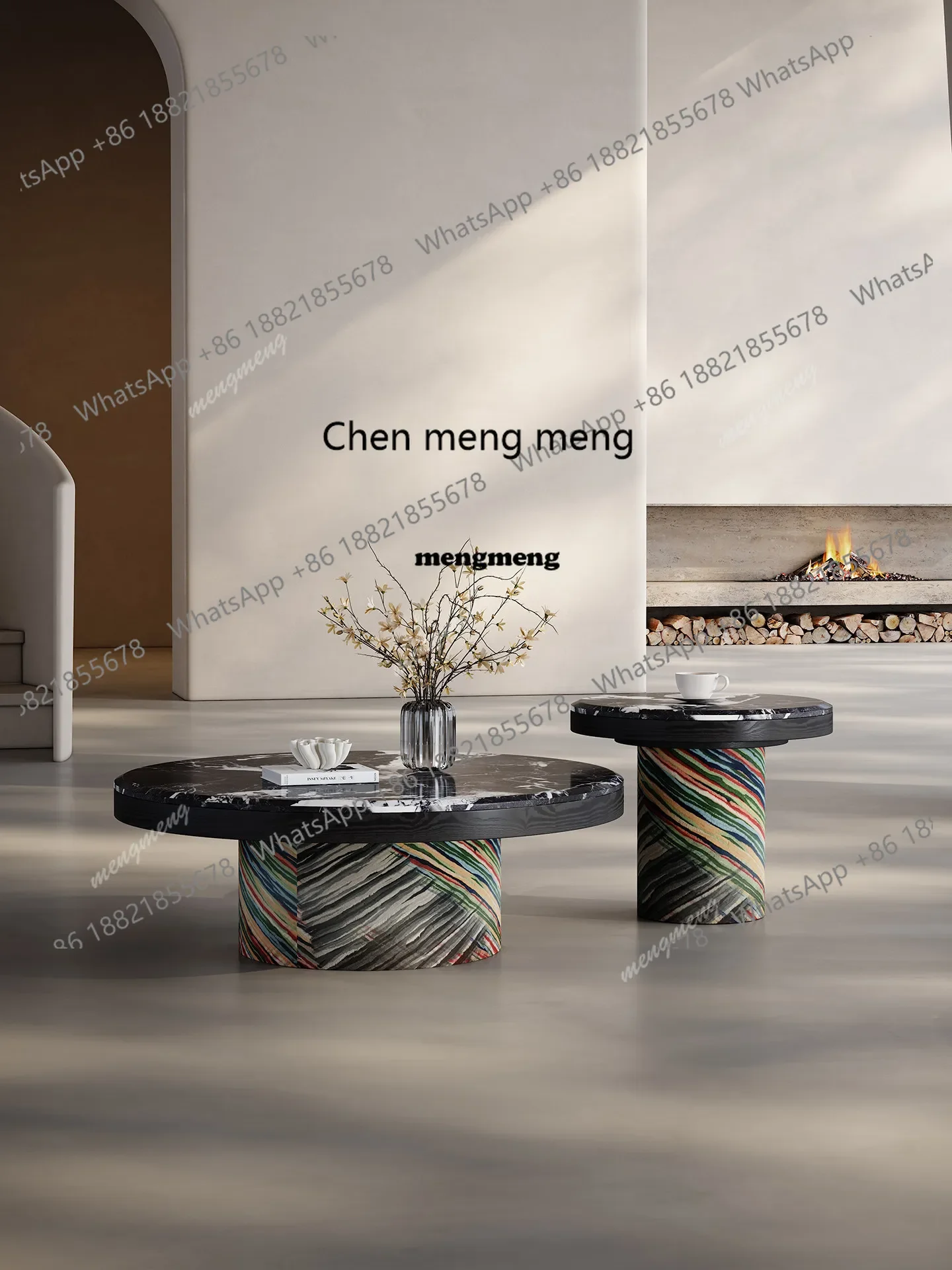 d178 Italian minimalist Bulgari black luxury stone round coffee table living room home, high-end sense
