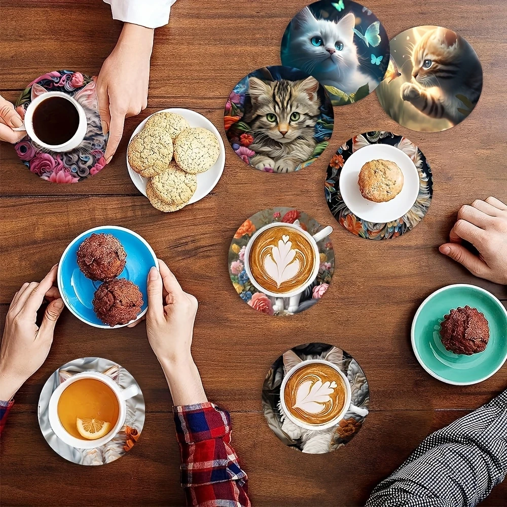 4in Round 2DFlat Cat Wooden Coaster Set Coffee Teacup Decoration Coffee Shop Beverage Shop Family Restaurant Cat Cafe Decoration