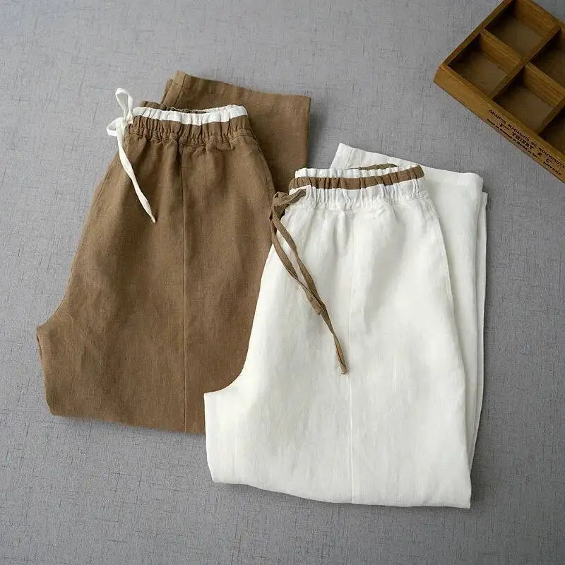 2025 Summer Women Cotton Linen Pants Vintage Elastic Waist Solid Pants All-matched Casual Loose Harem Trousers Pantalon