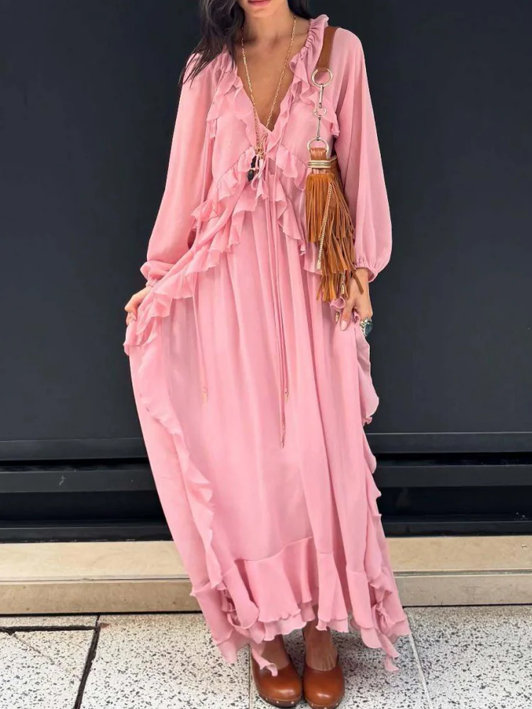 2025 novas mulheres elegante maxi longo rosa chiffon babados em camadas vestido senhora chique com decote em v lanterna manga solta em camadas vestidos robes