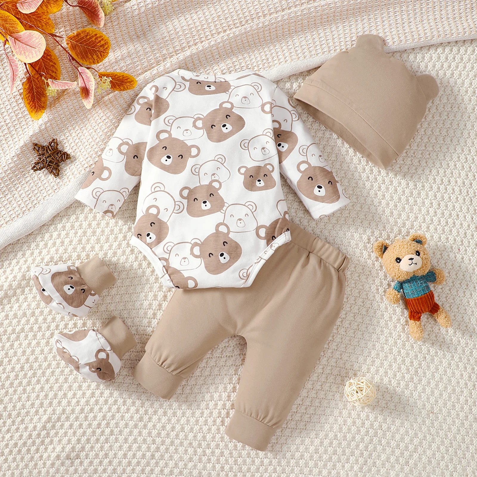 0-9 Months Baby Boy Set Little Bear Long Sleeve Bodysuit+Pants+Hat+Socks 4pcs/Set Baby Spring Autumn clothing Newborn set