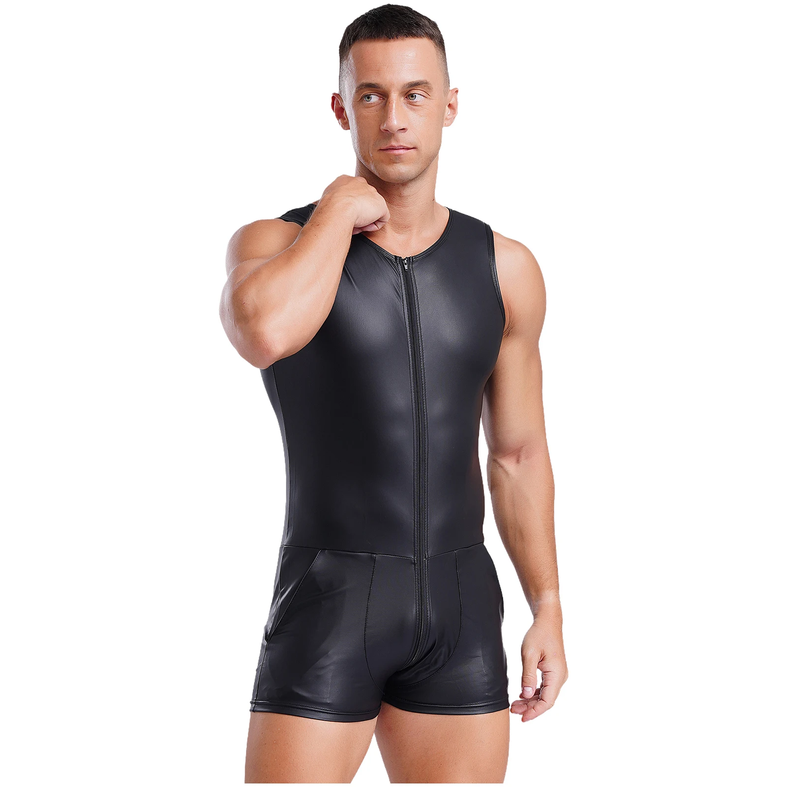 Mens Sexy Zipper Crotch Bodysuit Faux Leather Rompers Wet Look Clubwear Round Neck Sleeveless 3-end Zipper Leotard Jumpsuit