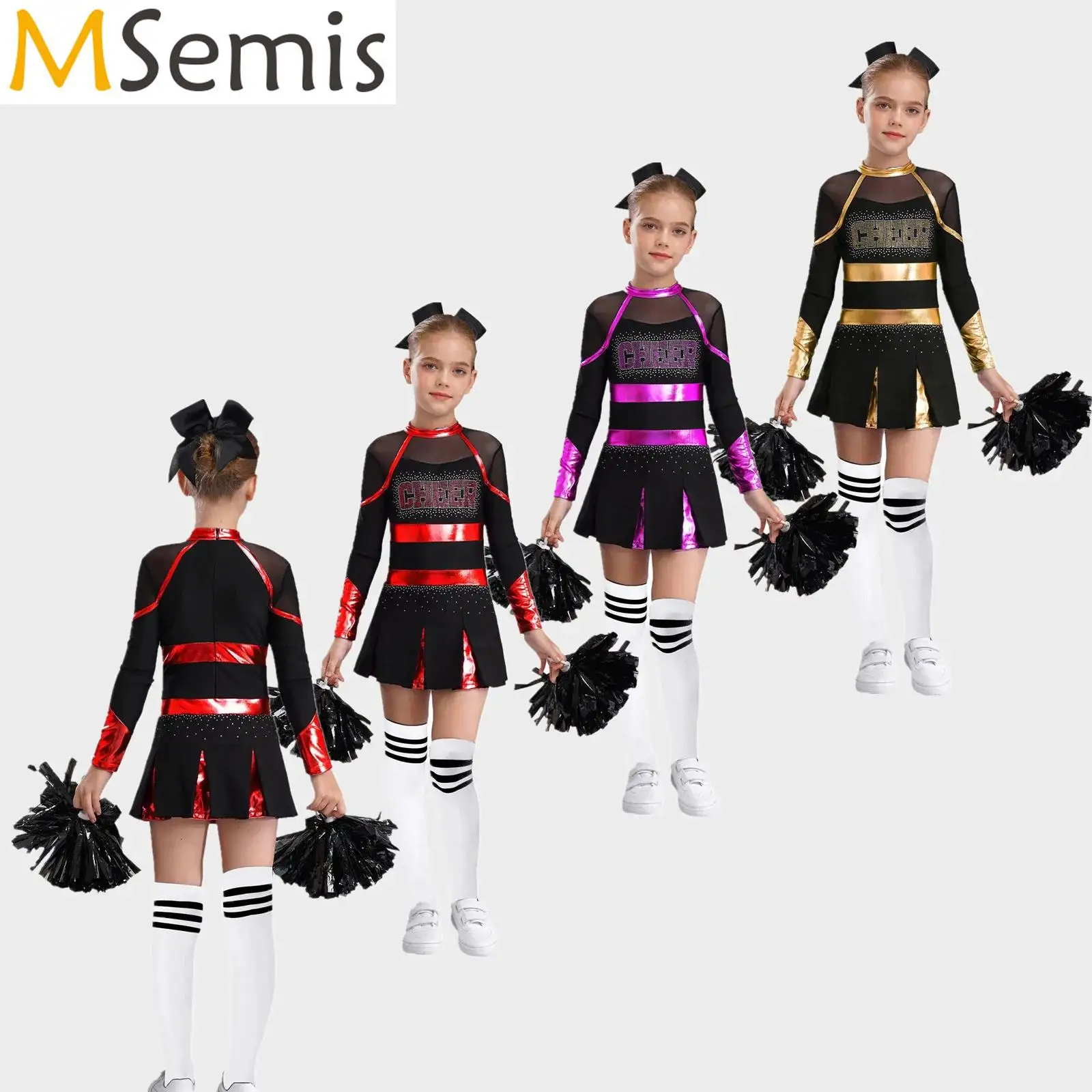 

Kids Girls Cheerleading Uniform Cheerleader Dance Costume Glittery Rhinestones Metallic Pleated Modern Cheer Dance Leotard Dress