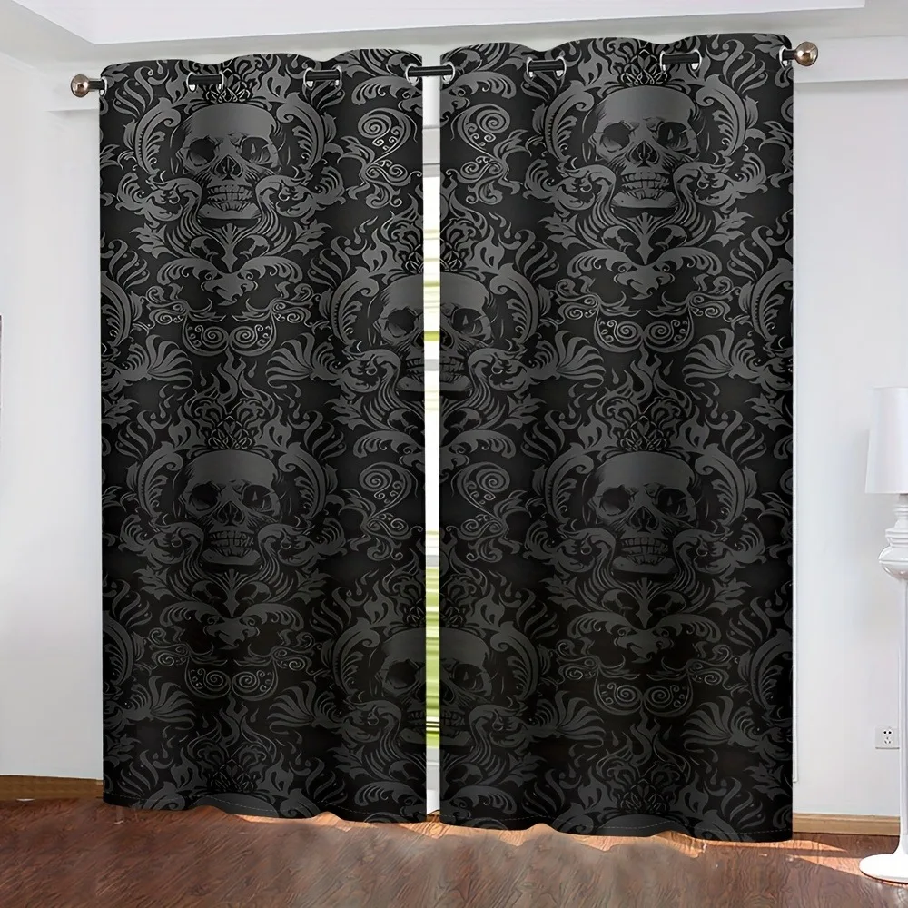 Black Gothic Skull Damask Curtains 2 Panels Vintage Floral Skull Window Curtain Grommet Top Darkening Drapes For Bedroom Living