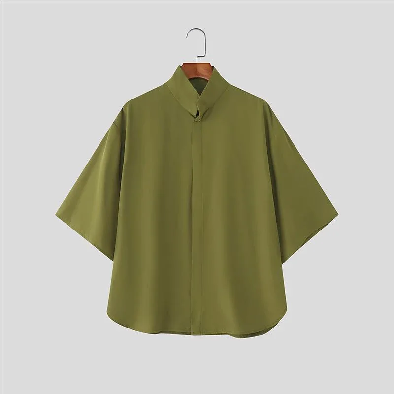 Japanese Style Men Stand Collar Half Sleeve Shirt Loose Oversized Solid Color Hidden Button Casual Blouse Lightweight Streetwear