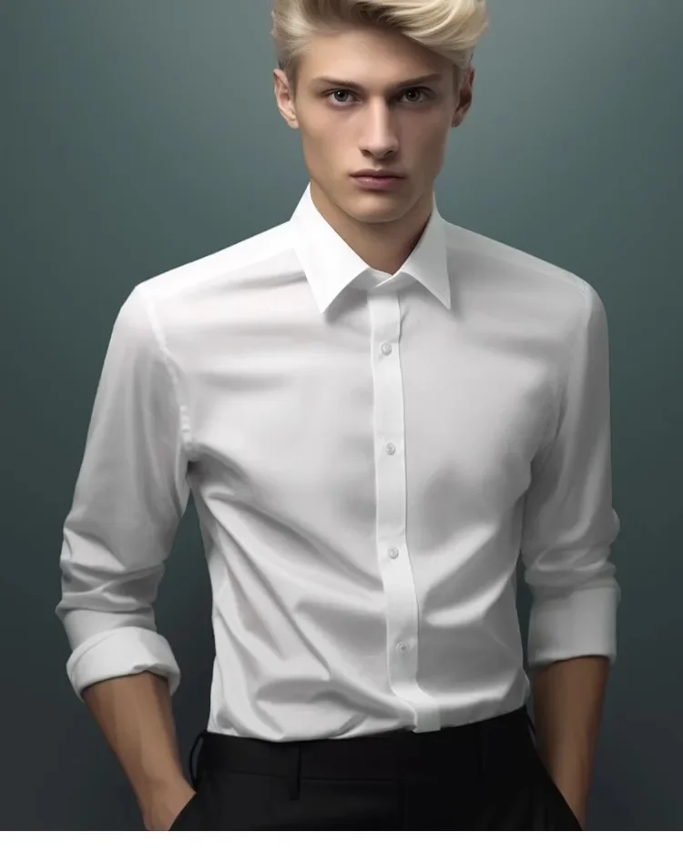 Non ironing men's shirt White business formal casual long sleeved shirt drape high-end glossy shirt