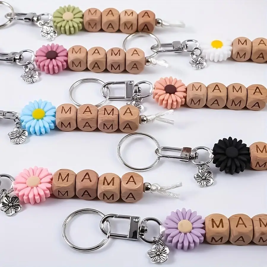 1/5/10/20/50/100pcs A Stylish And Minimalist Daisy MAMA Beaded Flower Pendant Keychain, Perfect As a Bag Accessory to Prevent Lo