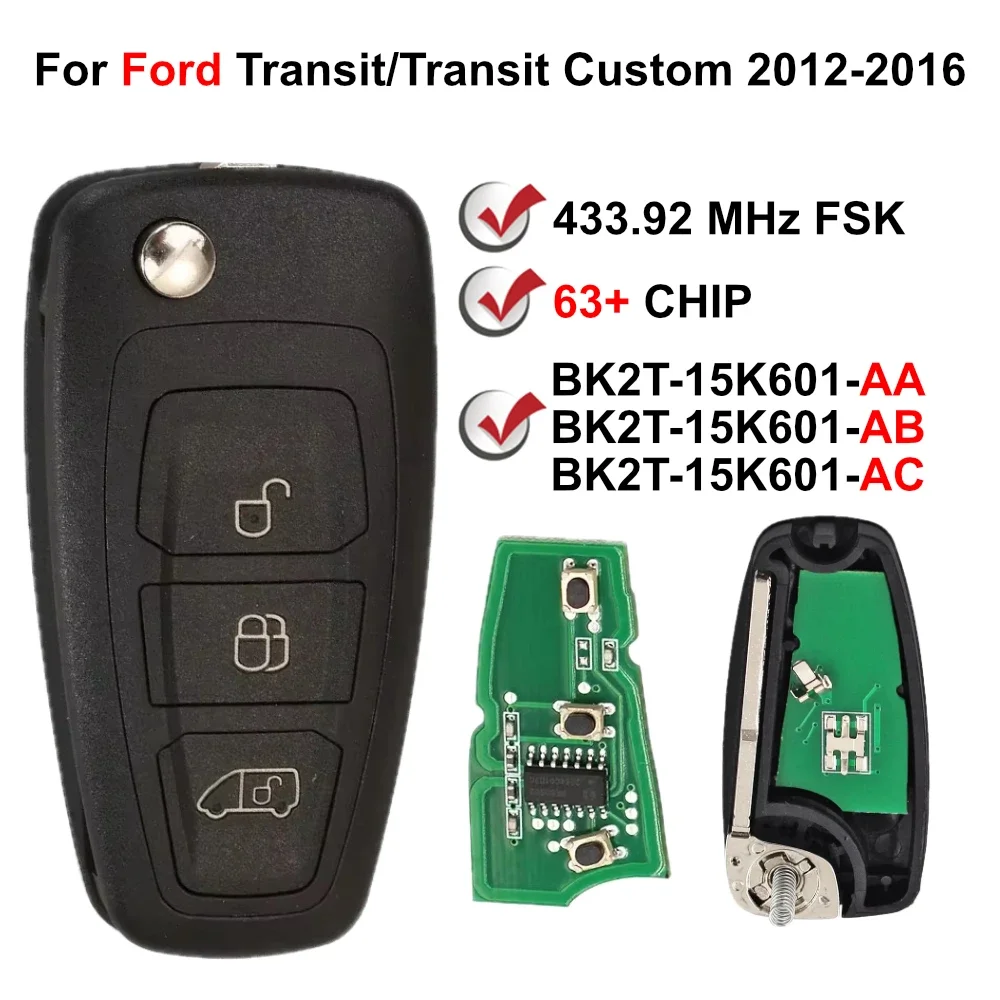 3 Button BK2T-15K601-AA/AB/AC A2C53435329 433.92MHz FSK Smart Remote Key fob For Ford Transit/Transit Custom 2012-2016