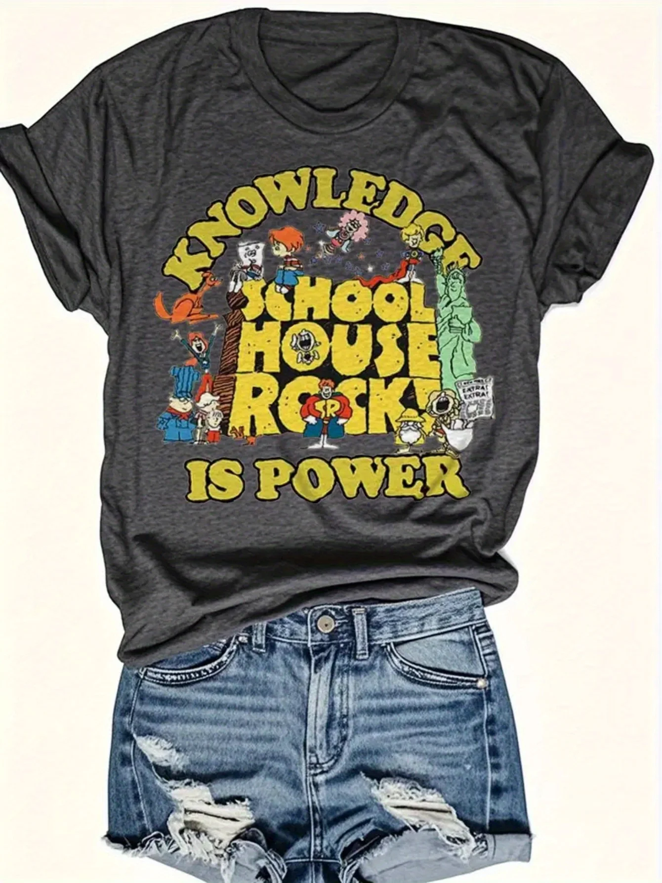 Schoolhouse Rock Knowledge Is Power Women's Tee, Retro Cartoon Dark Grey Top
