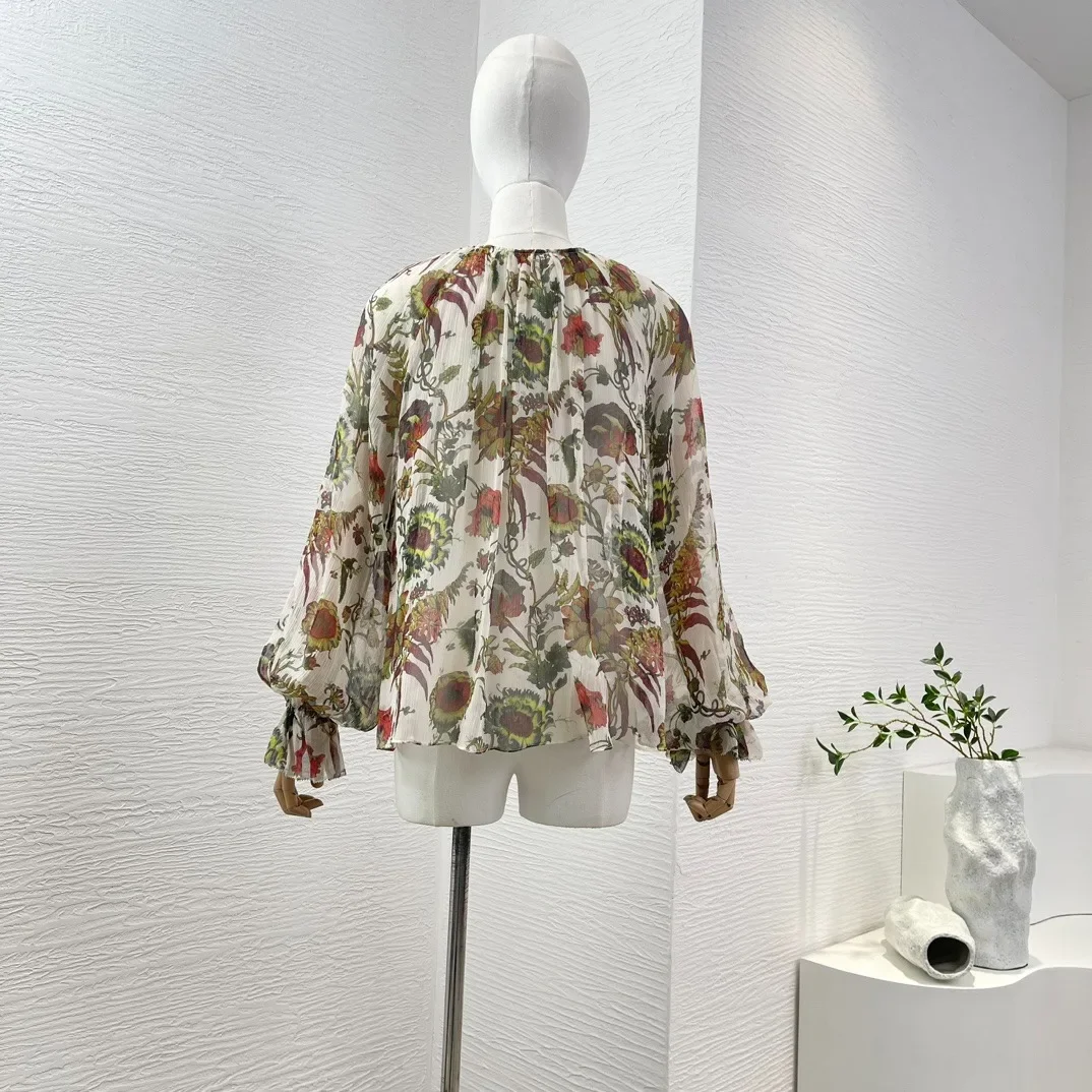 2024 New Women Fashion Flower Color Floral Print Long Butterfly Sleeve Ruched Vintage Pure Silk Blouse Tops Summer Clothes