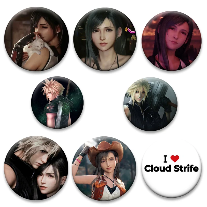 

Cloud Strife,Tifa Lockhart Tinplate Pins Round Cartoon Snap-in Brooches for Backpack Accessories Game Anime Badge Bag Decoration