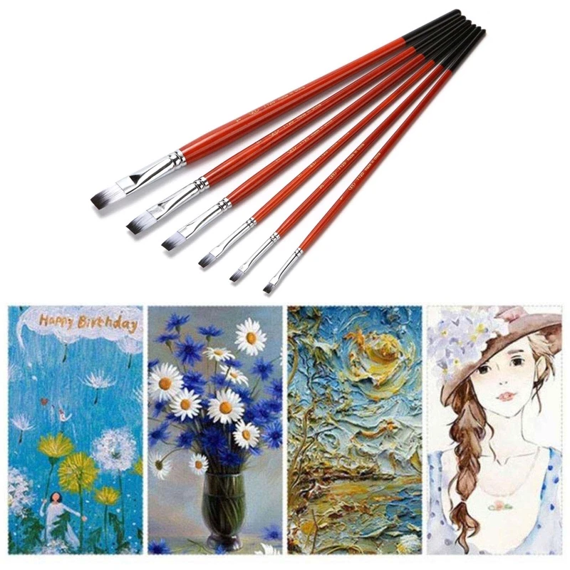 6Pcs Acrylic Paint Brush Set Nylon Hair Watercolor Brushes Artist Flat Angular Paintbrushes Professional Painting Kit