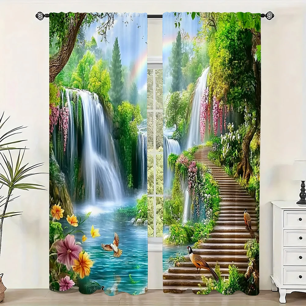 2Pc Forest Scenery Pattern Curtains, Rod Pocket Decorative Window Drapes, Window Treatments For Bedroom Living Room, Home