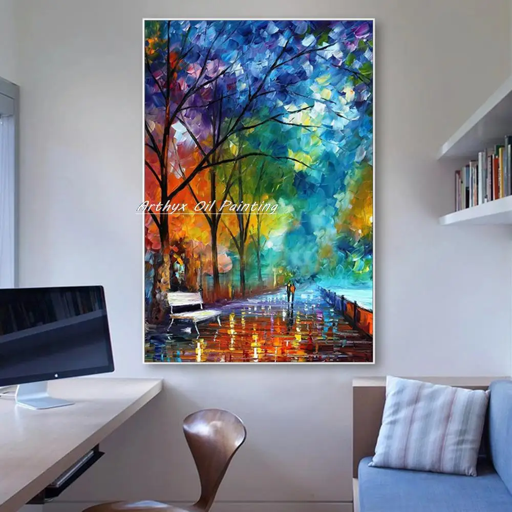 Arthyx-Hand Painted Lovers Walking Tree Landscape Oil Painting On Canvas,Modern Pop Art Wall Pictures For Living Room,Home Decor