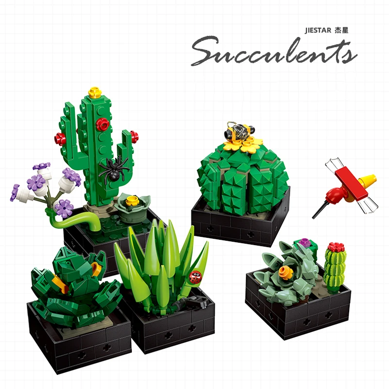 

The Succulent Plants Building Blocks JJ9011 590pcs Tabletop Potted Plant Assembly Decorations Kids Toys Children Birthday Gifts