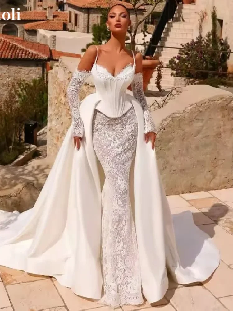 أنيقة الخامس الرقبة حورية البحر فستان الزفاف انفصال الذيل قبالة الكتف كم طويل الدانتيل فستان الزفاف فستان الزفاف الرومانسي مخصص